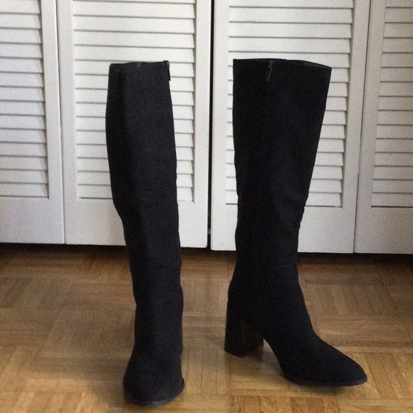 a new day Shoes - A New Day Zippered Knee-High Ink-Black Suede Block-Heeled “Eve” Boots Size 8M